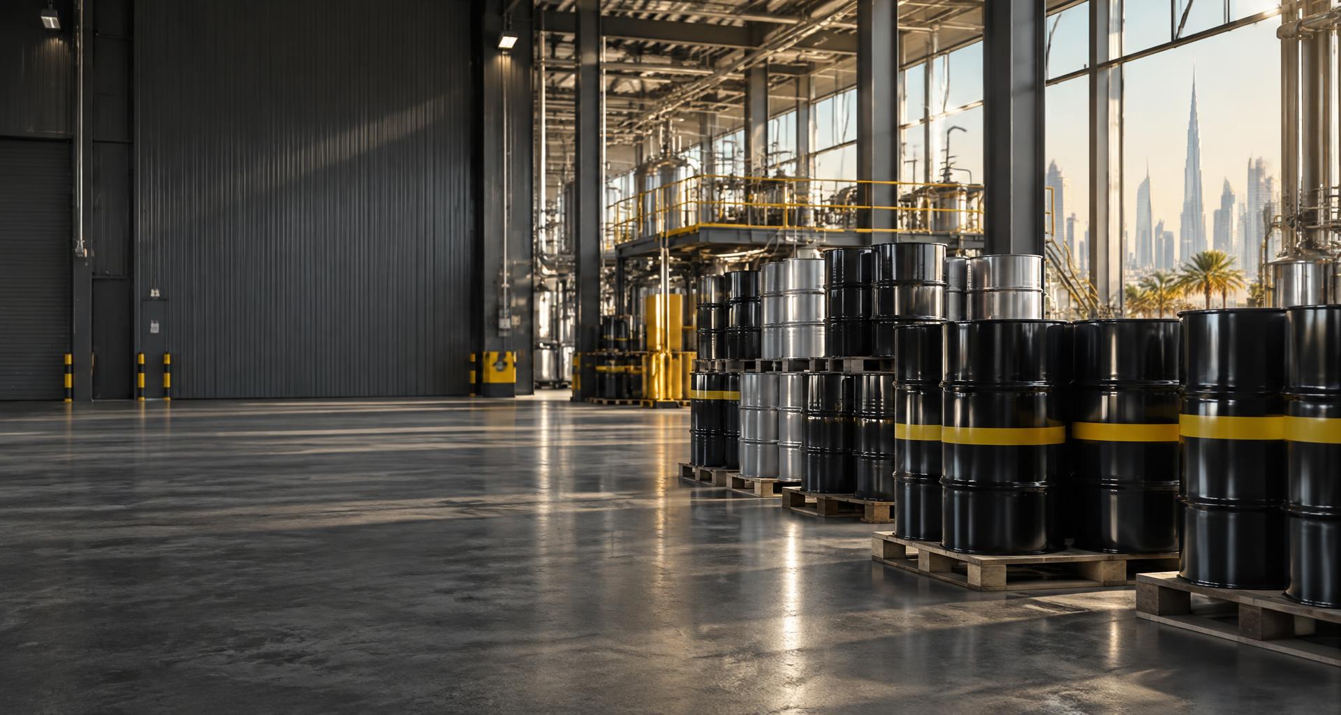 Lubricant drums in a modern industrial warehouse